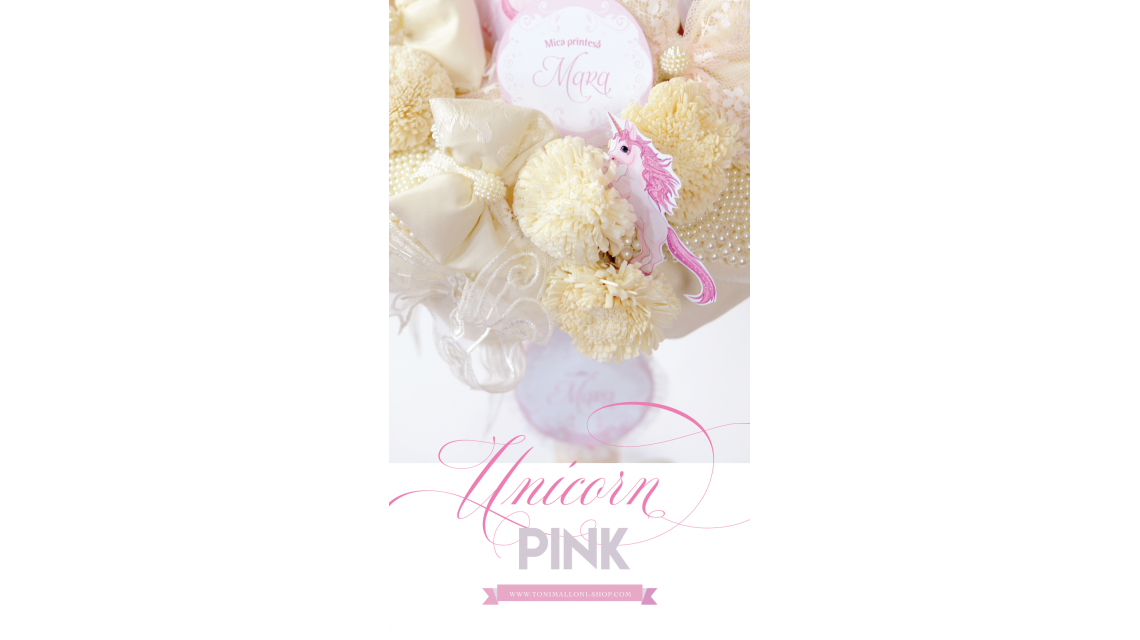 Lumanare de botez pentru fetite cu unicorni, perle si dantele, Pink Lady Unicorn 1